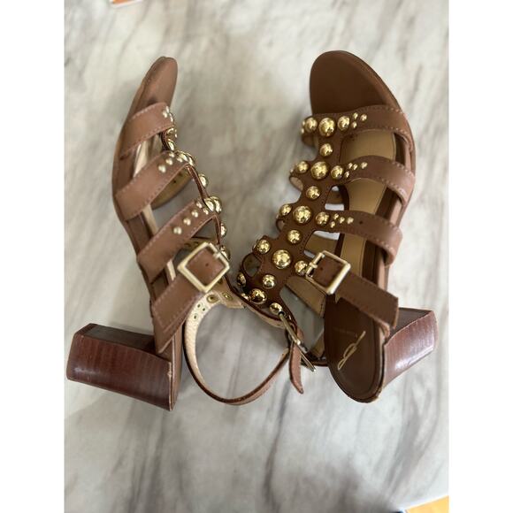 Brian Atwood Brown Leather & Gold Stud Gladiator Heeled Sandals - Picture 7 of 9